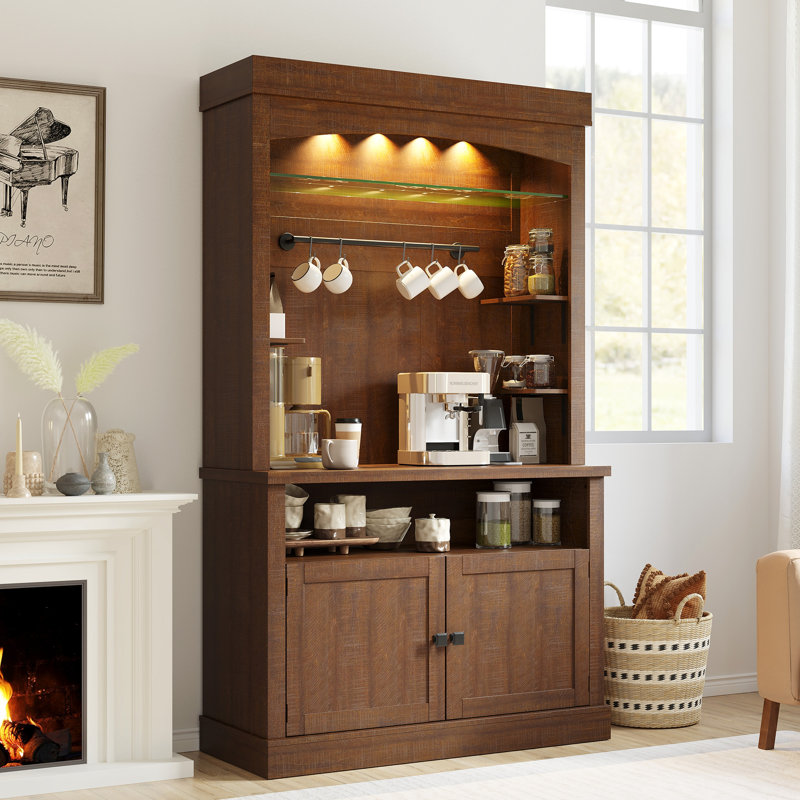 Armoire-bar 72 po avec lumières DEL, portes en verre, tablettes réglables, support à micro-ondes et buffet de rangement garde-manger