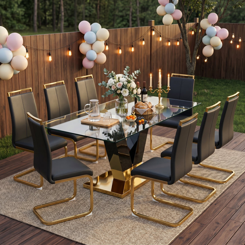 Modern 9-Piece Rectangular Tempered Glass Dining Set with Faux Leather Cantilever Chairs, 9 Piece Set: 1 Table and 8 Chairs