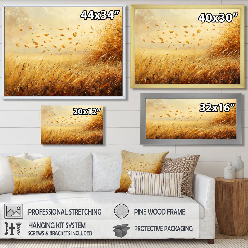 Autumn Windy Prairie Leaves II - feuilles, art mural, Reproduction encadrée d'une seule photo, Noir, H 12 po x l 20 po