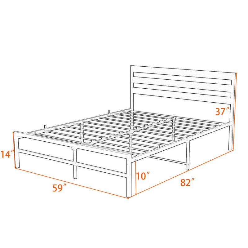 Grand lit plateforme en métal avec tête de lit en bois