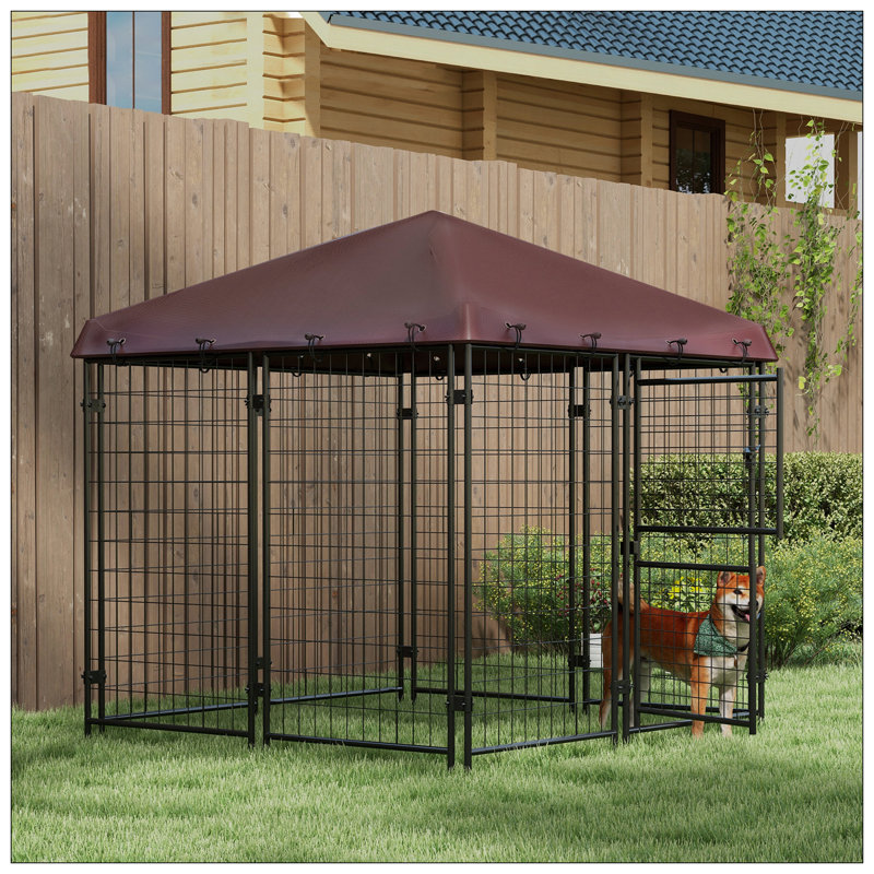 Chenil d'extérieur 4,6 pi x 5 pi avec housse imperméable, parc pour chiens de petite et moyenne taille avec porte en deux parties, brun