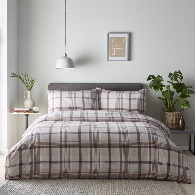 Portfolio Home Prague Check Bedding Set, Super King Duvet Cover Set + 2 Pillowcases, Beige