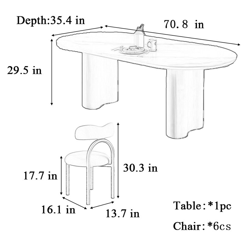 Table et chaises de salle à manger ovales de style crème, H 29,5 po x L 70,8 po x l 35,4 po