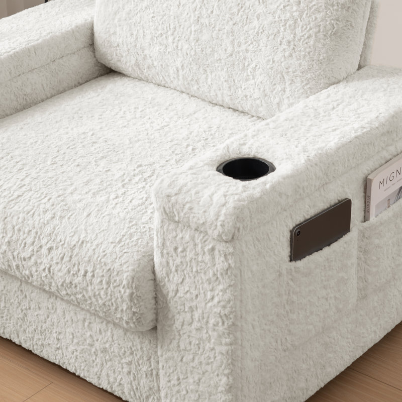 Canapé-lit convertible 42 po en fausse fourrure de lapin avec repose-pieds, porte-gobelets et rangement caché, Beige