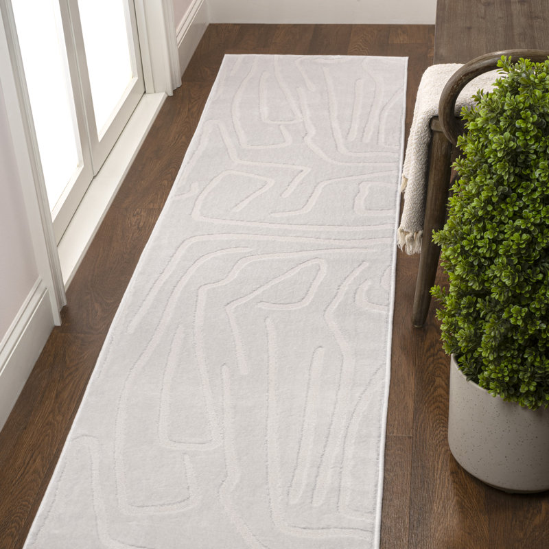 Sauvanne Modern Scandinavian Graphic Lines High-Low White/Cream Rug, Runner 2' x 8'