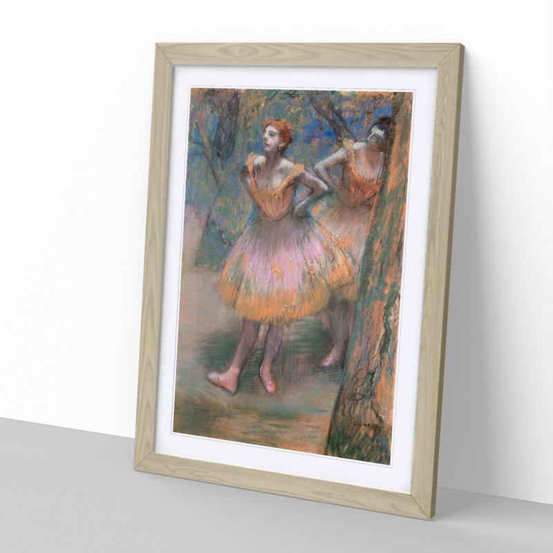Two Ballet Ballerina Dancers in Pink and Orange by Edgar Degas - Picture Frame Painting, Oak Framed, 65cm H x 48cm W x 2cm D