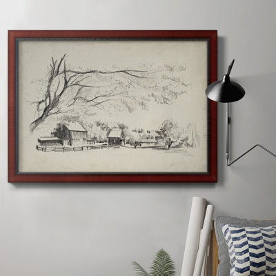 Toile encadrée de qualité supérieure vue de grange esquissée - prête à être accrochée