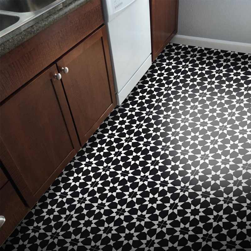 Carreau de ciment à motif pour mur et plancher de 8 po x 8 po Medina, Noir / Blanc