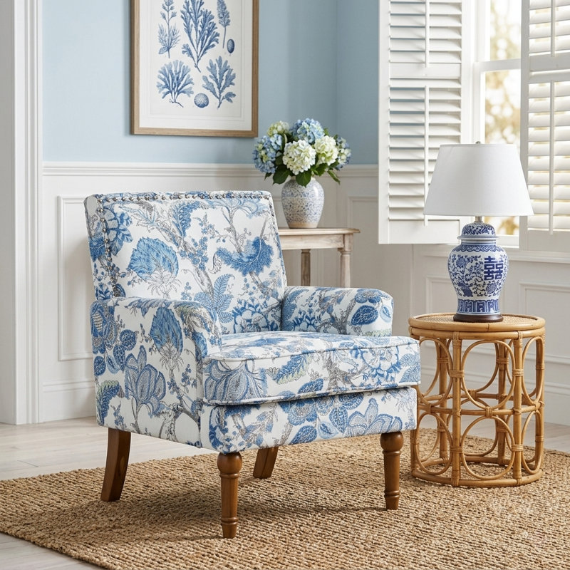 Fauteuil décoratif l 27 po avec garniture cloutée et accents floraux, Bleu