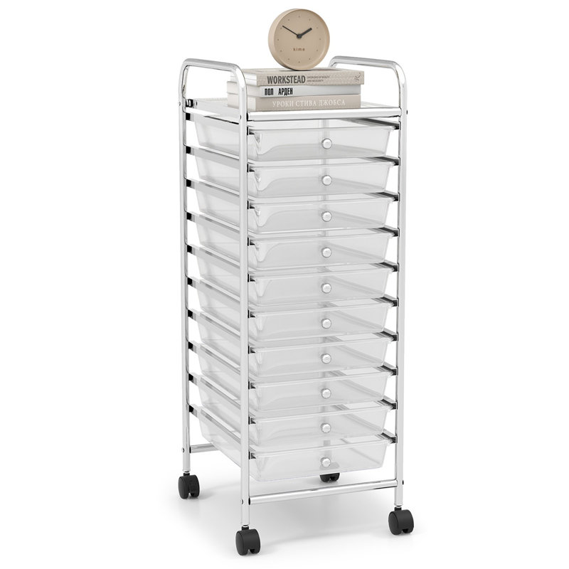  Chariot de rangement roulant à 10 tiroirs avec roulettes verrouillables, structure en métal argenté, tiroirs en plastique transparent pour la maison, le bureau et l'organisation du garage, transparent