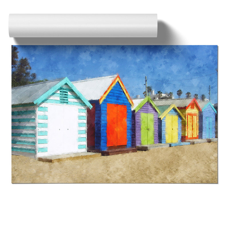 Colourful Beach Huts Painting - Frameless Print, 30cm H x 42cm W x 0.1cm D