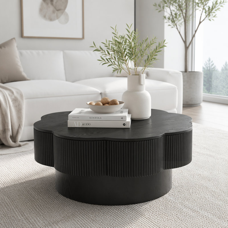 Table basse moderne en forme de fleur avec rangement caché, placage en bois naturel, facile à assembler, pour le salon et le bureau