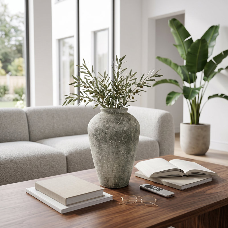 Vase urne moderne en terre cuite pour la décoration de table - Vase rustique à poser au sol dans le salon ou l'entrée - Style décontracté - 40 cm, vert
