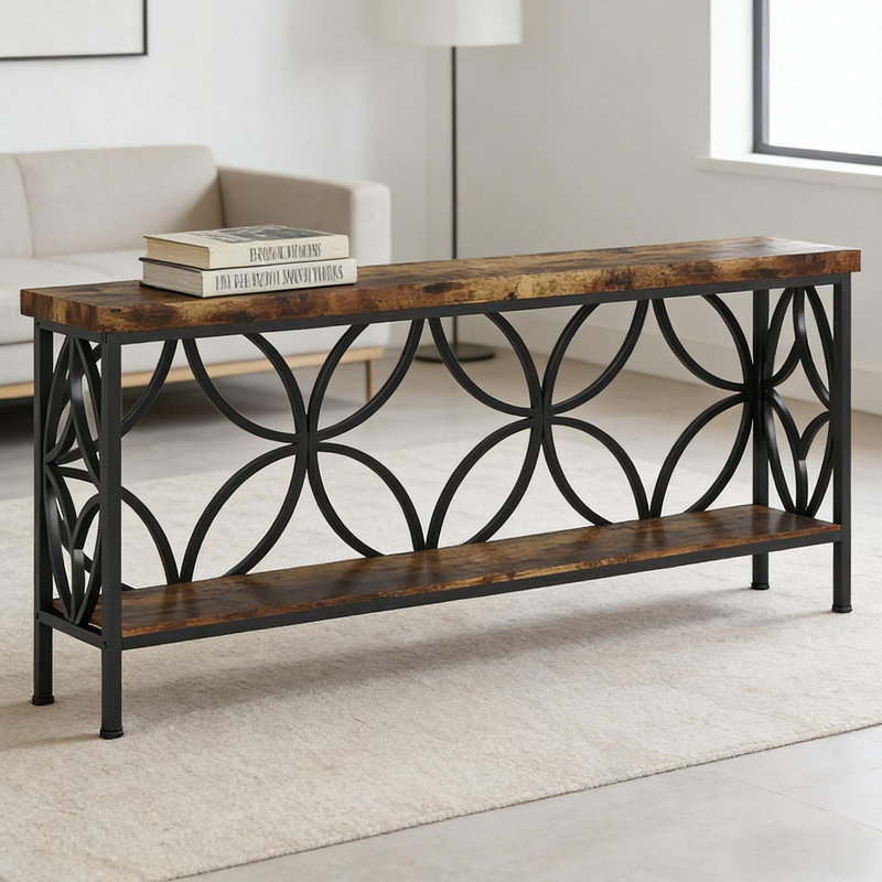 Table basse, canapé industriel, console à 2 niveaux, Noir, Brun rustique
