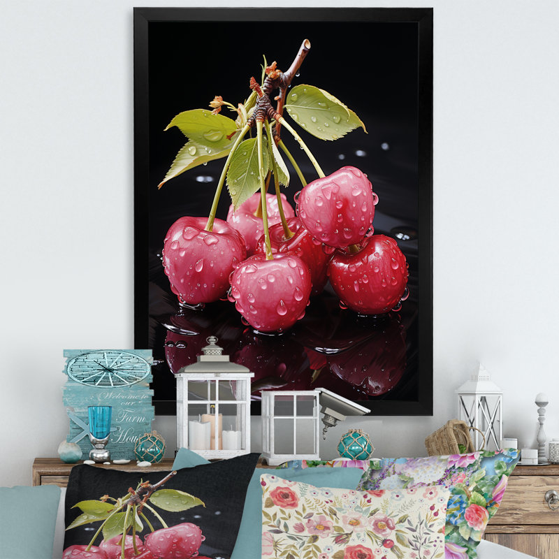Red Cherry Delight 4 - Cherry Wall Art, 40" H x 30" W x 1.5" D, Black Single Picture Framed