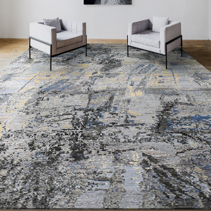 Handmade Silk and Wool Abstract Area Rug, Rectangle 8' x 10'