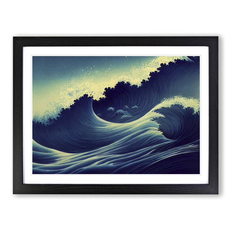 XH1022-4473X Gracious Japanese Wave - Single Picture Frame Print, 46cm H x 64cm W x 2cm D, Black Framed