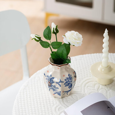 Handcrafted Blue And White Ceramic Vase, Vintage Chinese-Style Floral Vessel For Home Decor, Hexagonal Outline With Elegant Chinoiserie Patterns