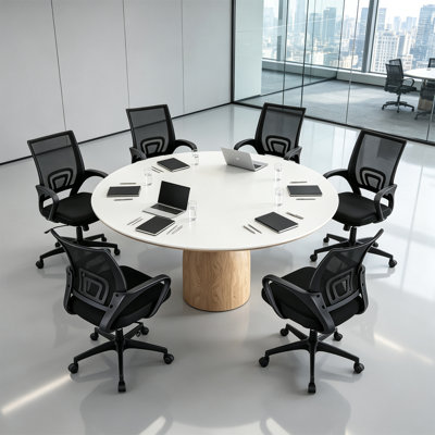 6-person Modern Granite Slab Round Conference Table Set, Paired With Office Chairs In Black