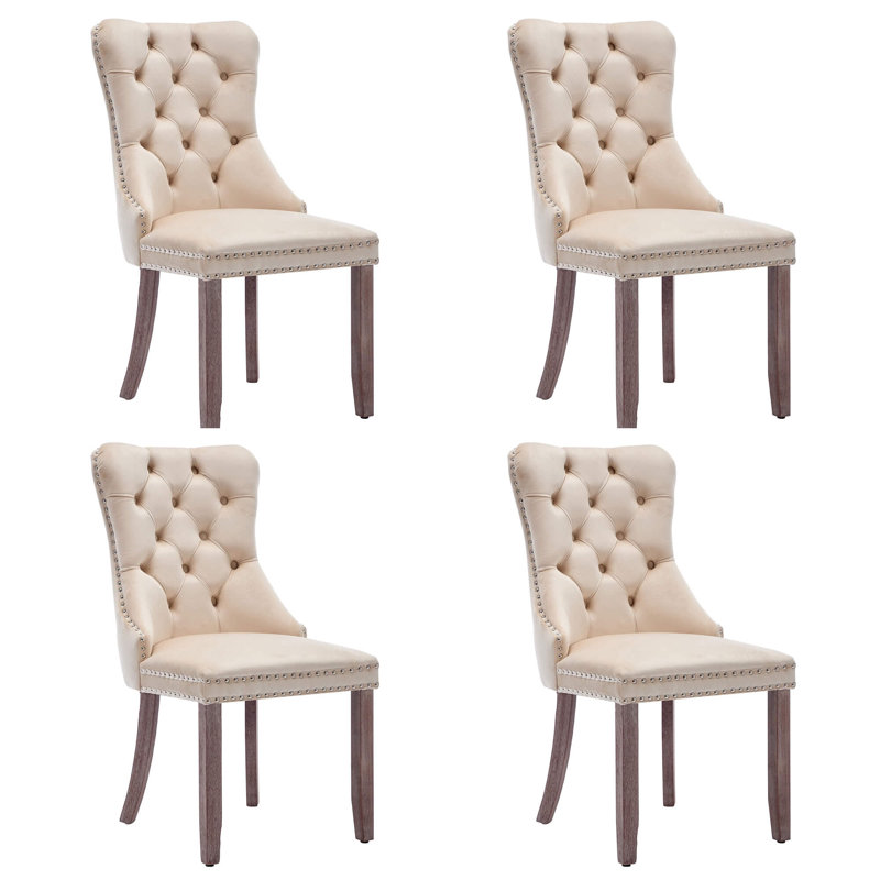 Set of 4 Velvet Dining Chairs, Upholstered Button-Tufted Kitchen Chairs with Brushed Wood Legs, Rivet Trim & Knocker Ring Detail, Modern Accent Chairs for Dining Room & Living Room, Beige