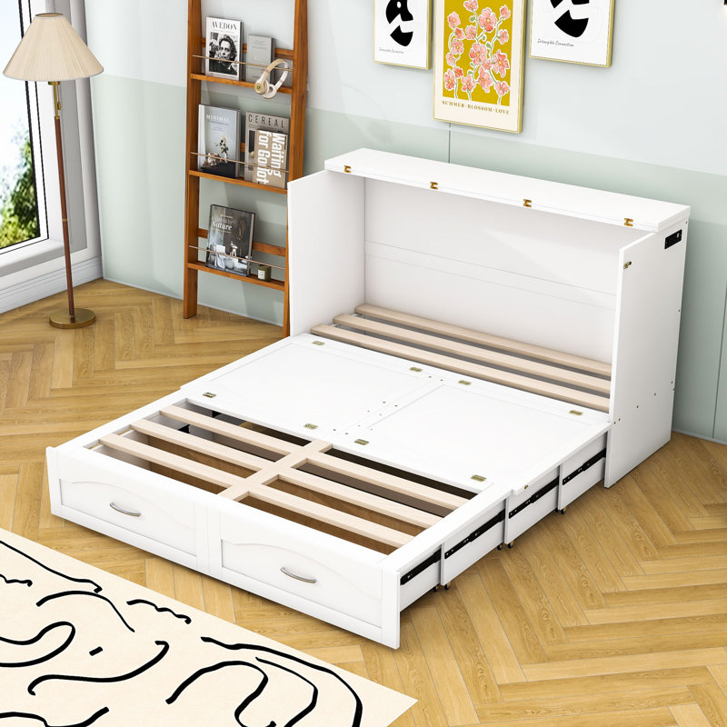 Lit escamotable en bois à 1 tiroir avec prises Dulci et ports USB, Grand, Blanc
