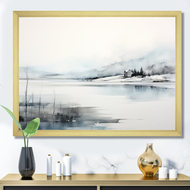«White & Black Modern Scandinavian Scenery Silence» sur toile, Cadre doré simple, H 16 po x l 32 po x P 1 po