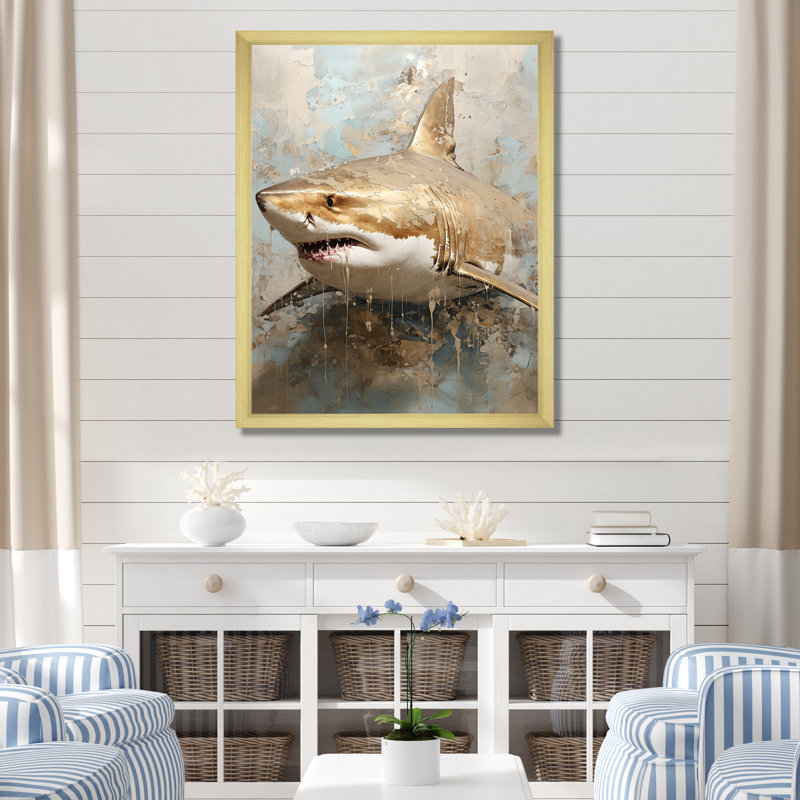 " Minimalism Shark Painting In Golden Beige ", 32" H x 24" W x 1" D, Gold Single Picture Framed