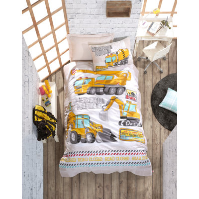 Ensemble de housse de couette 100% coton de qualité supérieure Ranforce, blanc / jaune / gris | Comprend une housse de couette (63 x 87), un drap plat (63 x 95) et une taie d'oreiller (20 x 28) | Impression de pigments, lavable à la machine, fermeture à boutons