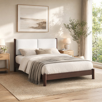 Structure de lit plateforme en bois massif avec tête de lit tapissier - parfaite pour les chambres à coucher modernes et scandinaves
