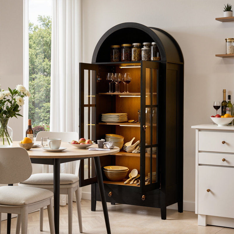 Vitrine arquée moderne noire avec portes en verre, éclairage à DEL et tiroir de rangement
