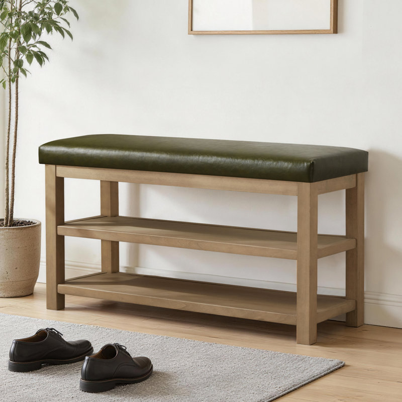 Banc de rangement rembourré pour chaussures en similicuir Hahnville, 21.3" H x 46.1" W x 13.8" D, Vert