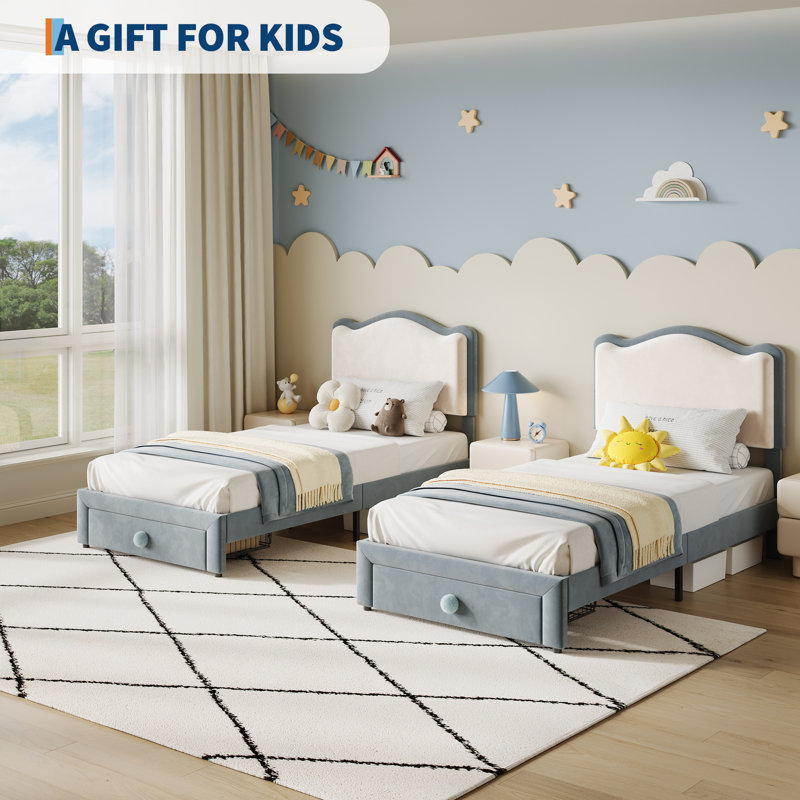 Upholstered Kids Bed Frame, Toddler Platform Bed with Headboard and Storage Drawer, Blue