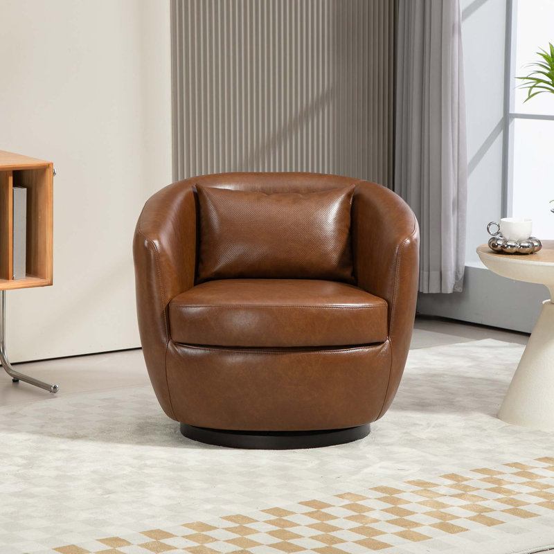 Chryssi Faux Leather Swivel Barrel Chair, Brown Faux Leather