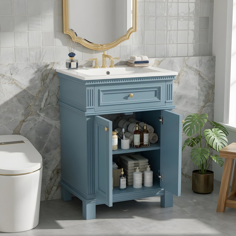 Meuble-lavabo autoportant 24 po avec lavabo et rangement à fermeture en douceur, Bleu indigo