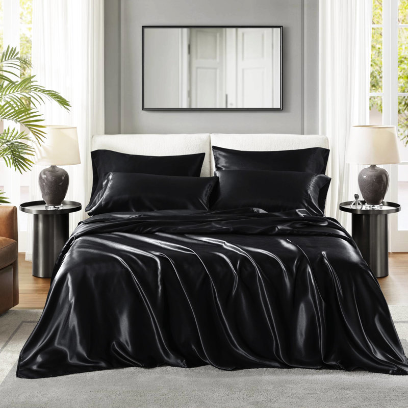 Drap-housse noir luxueux 100% satin, 7 pièces, froissé, doux pour la peau, - 1 plat, 2 ajustés, 4 taies d'oreiller, surface lisse, réduit les bris,