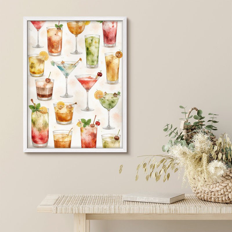 Colorful Cocktail Pattern Framed Wall Art Prints - Mixed Drinks Design Kitchen Bar, Blanc, H 16 po x l 12 po
