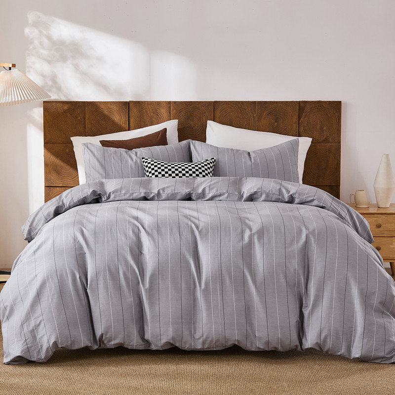 Ensemble d'édredon 100% coton rayé pour très grand lit - Ensemble d'édredon à rayures grises, Gris