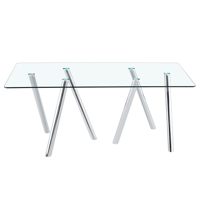 71-Inch Tempered Glass Dining Table With Sturdy Metal Legs, Silver