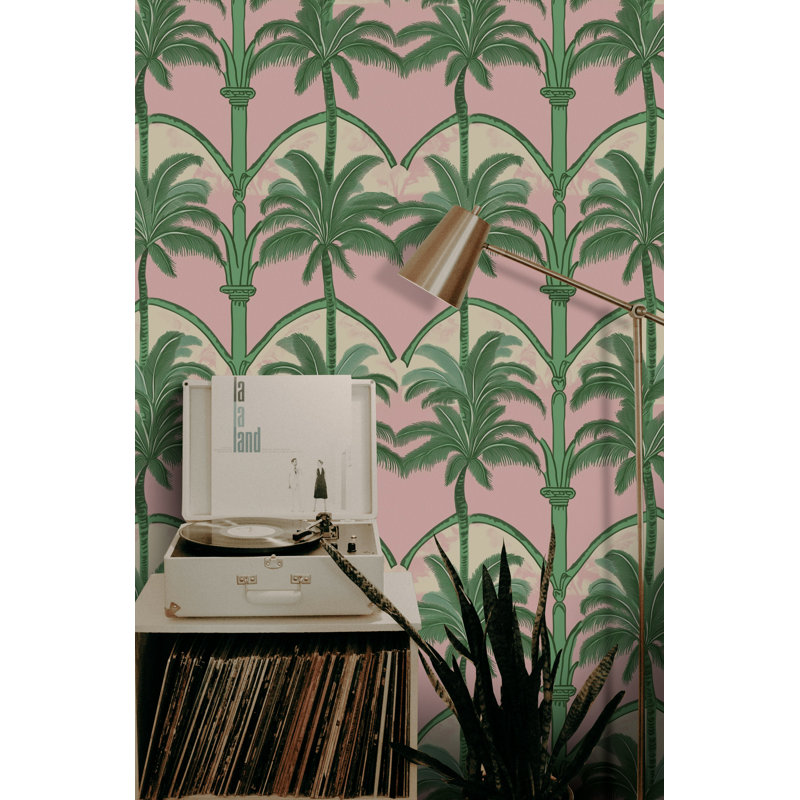 Papier peint tropical Palm Archway avec motif mural rose et vert amovible pour un look rétro côtier