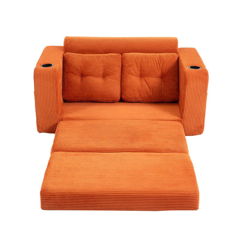 Canapé-lit convertible 2-en-1 avec tissu velours côtelé de qualité supérieure et mousse à mémoire de forme, Orange