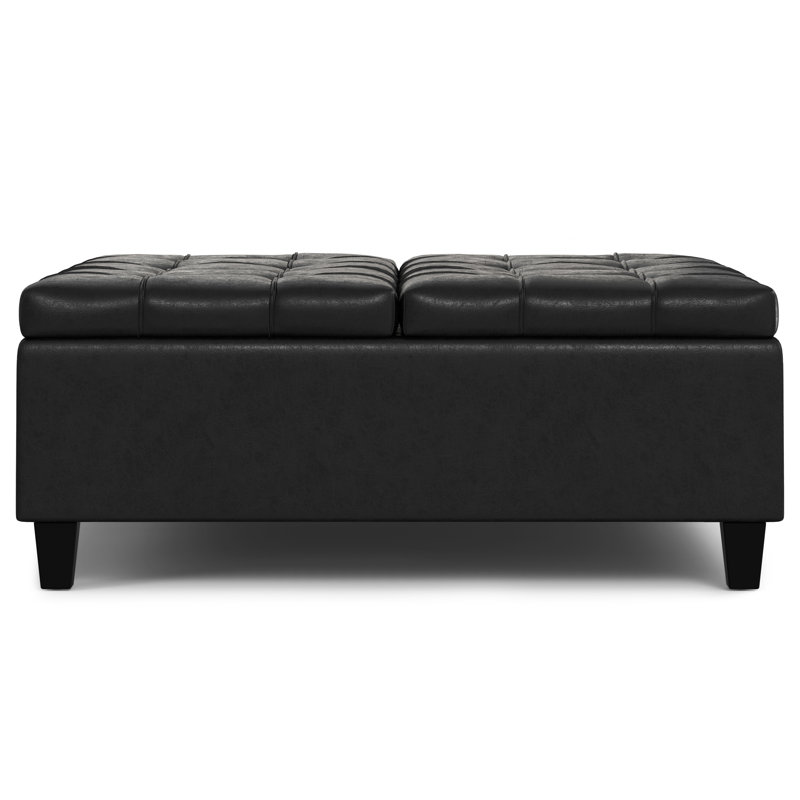Harrison 40"W Upholstered Transitional Square Lift-Top Ottoman with Sturdy Base, Harrison Distressed Black Faux Leather