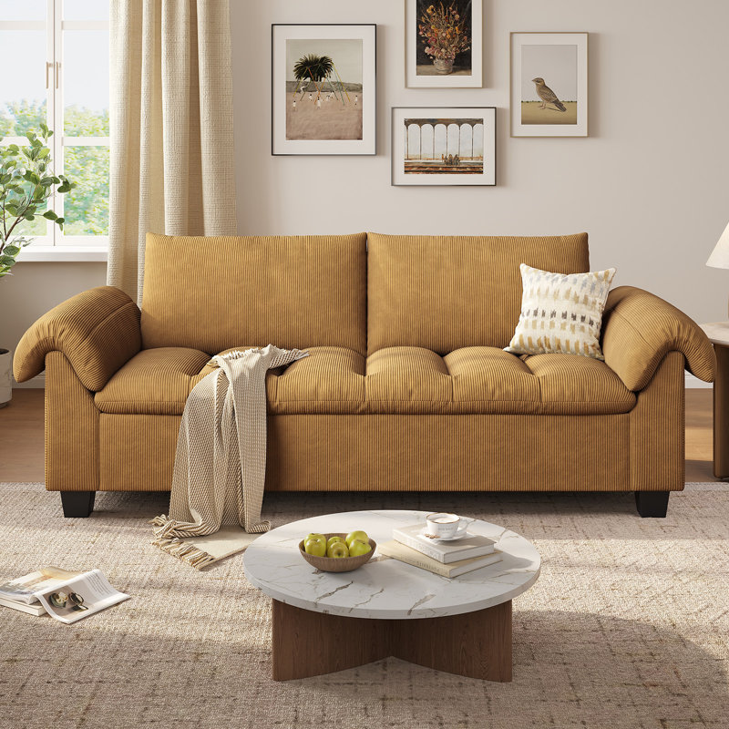 96" Modern 3 - Seater Sofa Couch with Upholstered Armrests, Corduroy Fabric Couch for Living Room & Apartment, Yellow