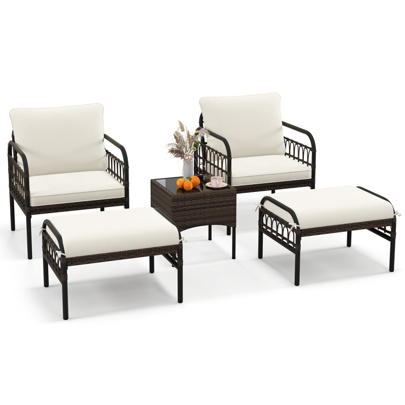5 Piece Garden Furniture Set Patio Wicker Chairs Table Set W/ Ottomans