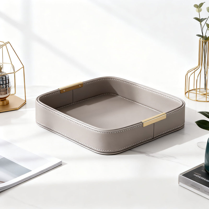 Square, Grey, Small,Luxury Leather Tray For Entryway And Desk - Key Holder, Jewelry Organizer, Decorative Catchall With Waterproof Coating - Elegant Home Decor Accessory