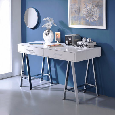 Bureau d'écriture, blanc brillant et chrome avec port USB