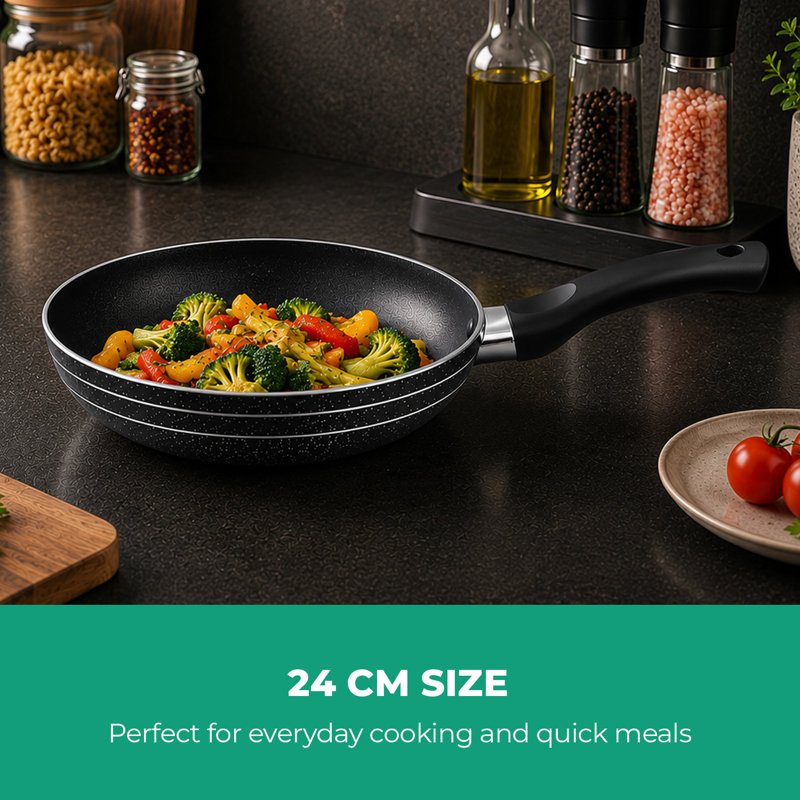 ROYALFORD Non-Stick Frying Pan | Aluminium Fry Pan for Induction Hob Skillet Pan | Saute Pan with 3-Layer PFOA-Free Coating for Healthy & Less Oil Cooking, Cool Touch Bakelite Handle | Black