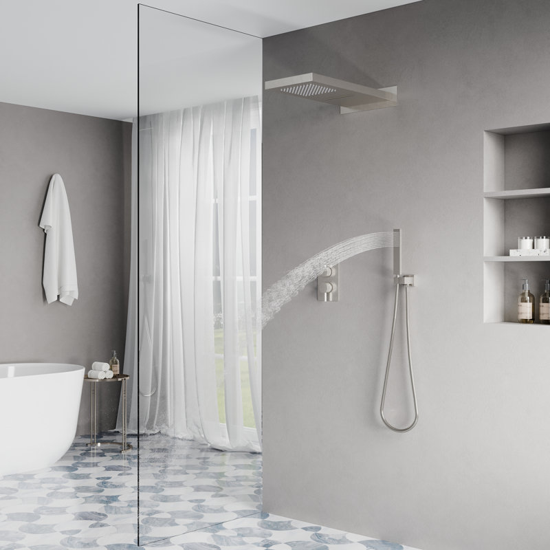 3 fonctions 22 po Système de douche mural rectangulaire à pluie avec douche à main (valve incluse), Nickel brossé