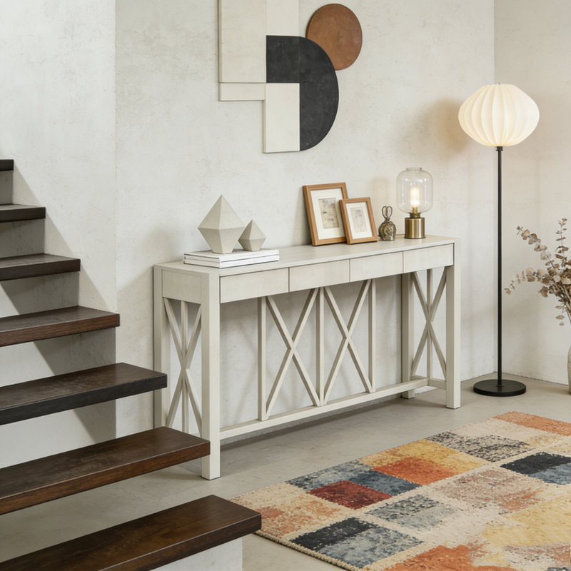 Console 60 po avec 4 tiroirs spacieux, Beige