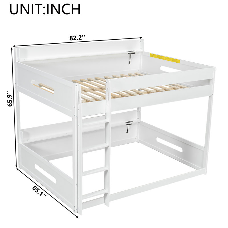  Lit superposé grand sur grand avec tablettes de rangement et ports USB, blanc, Blanc