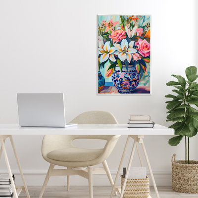 Colorful Flowers in Blue Ornate Vase Wall Plaque, design by Gina Kelly